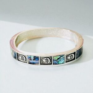 Vintage Iridescent Abalone Shell Inlay & Bear Paw Silhouettes Silver Tone Bangle
